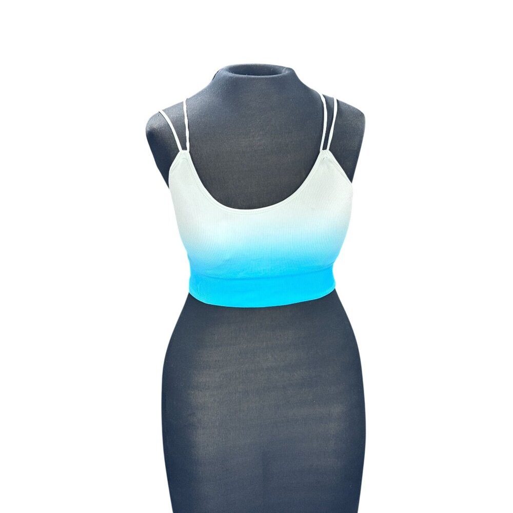 Womens White & Blue Ombre Ribbed Crop Top With Double Straps Stretchy Lightweigh